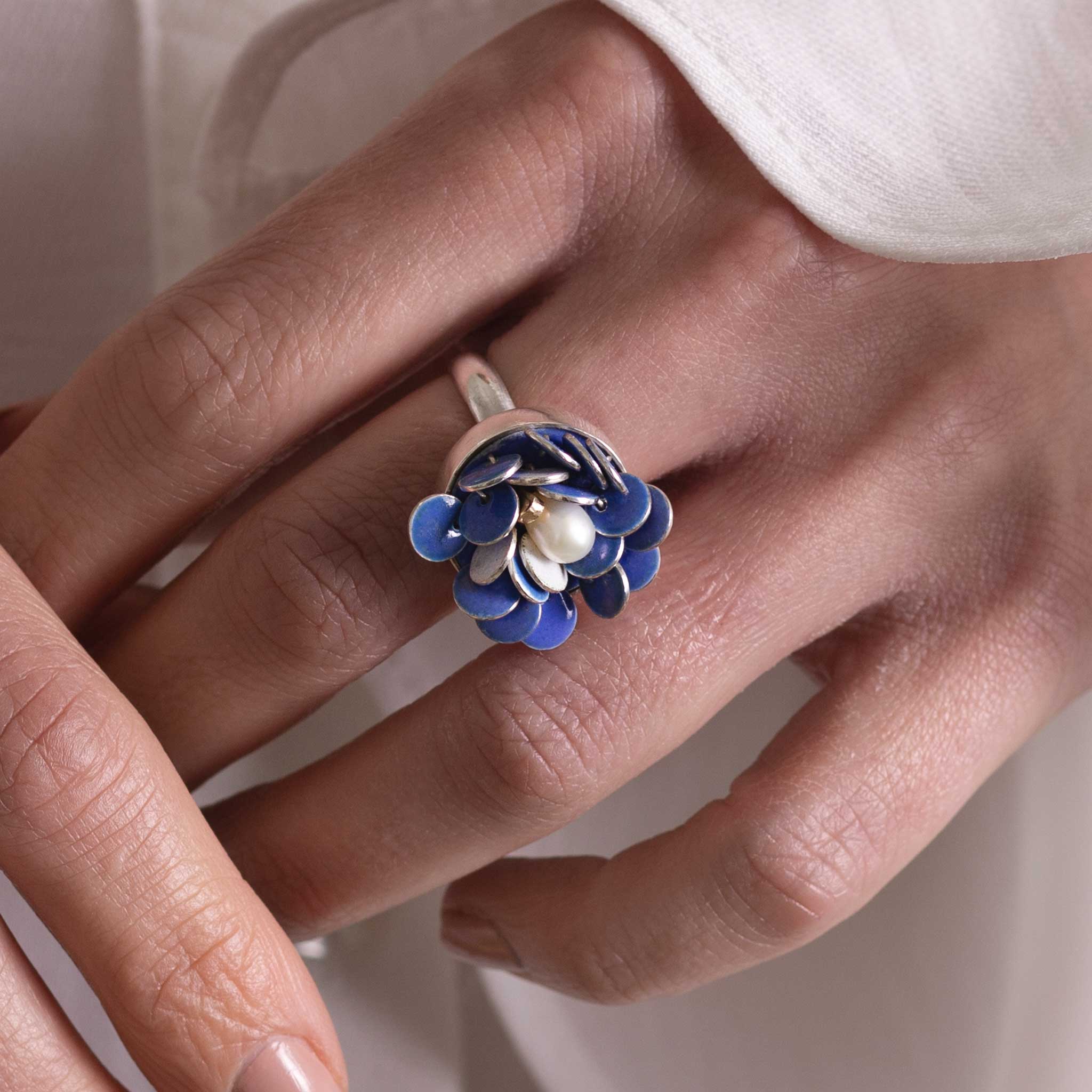 Silver Cluster Bloom Ring with Freshwater Pearl